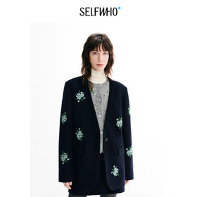 SELFWHO绵羊毛混纺绿绒蒿刺绣单面呢西装女2026冬季新款宽松外套