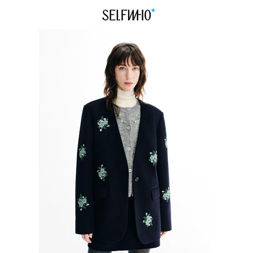 SELFWHO绵羊毛混纺绿绒蒿刺绣单面呢西装女2026冬季新款宽松外套 商品图0