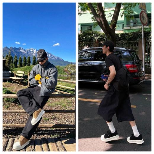 【双星--情侣款慕斯卷松糕鞋】软皮拼色复古美学，厚底缓震受力均衡，防滑纹理隐形增高4.5cm，舒适柔软防撞圆头，透气不闷脚不磨脚，软弹包裹性好，男女同款高颜值又百搭！ 商品图3