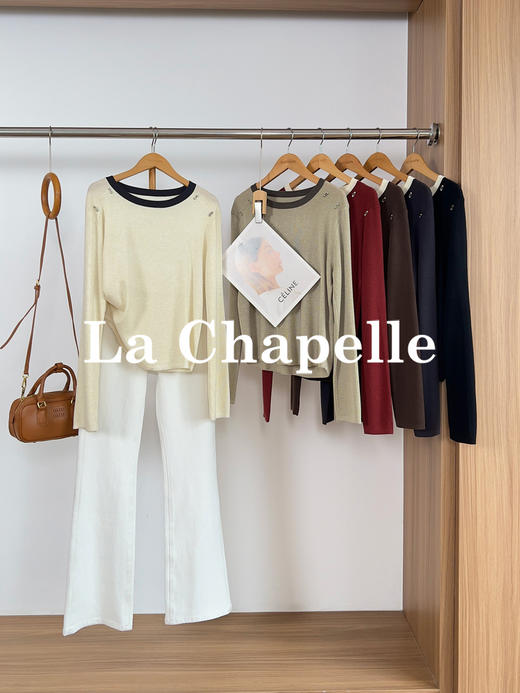 【撞色针织衫】拉夏贝尔/La Chapelle设计师款~撞色圆领针织通勤时髦立体装饰打底内搭长袖套头上衣女★★ 商品图0