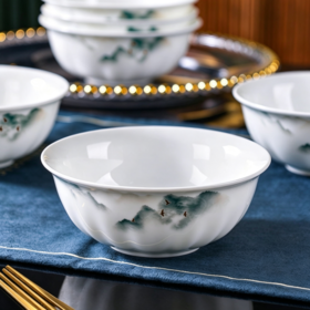 【5英寸】晋瓷林 【荷韵】高骨瓷云山鹿影5英寸反口米饭碗（金雁）