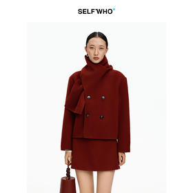 SELFWHO新年红色绵羊毛围巾领双面呢大衣女冬新款小个子短款外套
