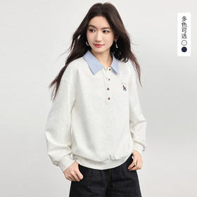 西遇学院刺绣风卫衣女2026春秋学院风刺绣POLO领薄款长袖上衣SS061023