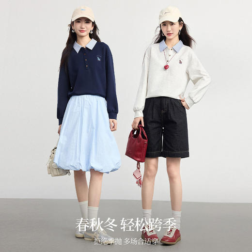 西遇学院刺绣风卫衣女2026春秋学院风刺绣POLO领薄款长袖上衣SS061023 商品图4