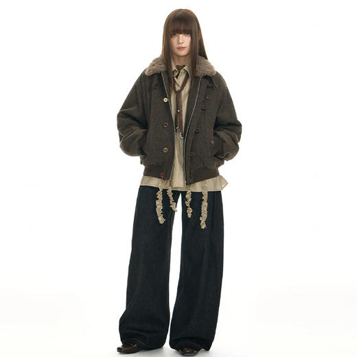 西遇韩系复古风棉外套女2026冬季韩系复古羊羔毛立领撞色短棉服SS061021 商品图1