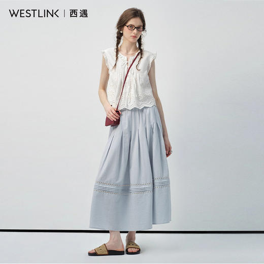 西遇文艺风刺绣半身裙女2026年夏季新款高腰显瘦蕾丝拼接a字裙SS060406 商品图1
