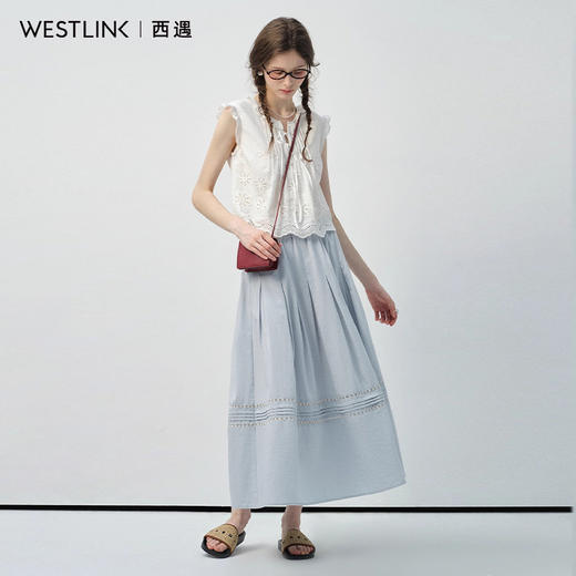 西遇文艺风刺绣半身裙女2026年夏季新款高腰显瘦蕾丝拼接a字裙SS060406 商品图3