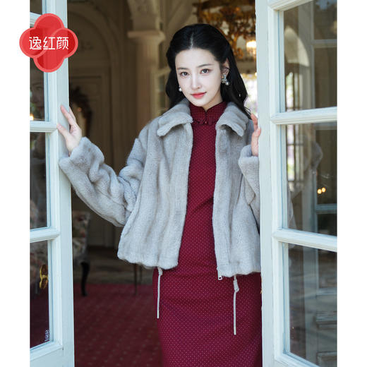 逸红颜《山雾晚》2026冬新款抽绳宽松翻领短款环保皮草毛毛外套女 商品图0