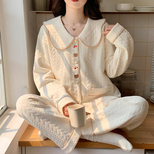 【柔软空气棉！】纯棉夹层睡衣女春秋冬 翻领开衫长袖加厚宽松可外穿家居服套装.zc★我有好货★我有好货 商品图0