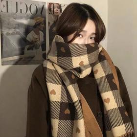【柔软加厚款！】秋冬格子卡通围巾女 爱心小熊提花流苏围脖 百搭显气质保暖围巾.zc★我有好货