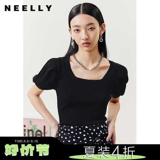 NEELLY纳俪商场同款气质方领短袖针织衫女设计感泡泡袖显瘦上衣N22051A01110 商品图1