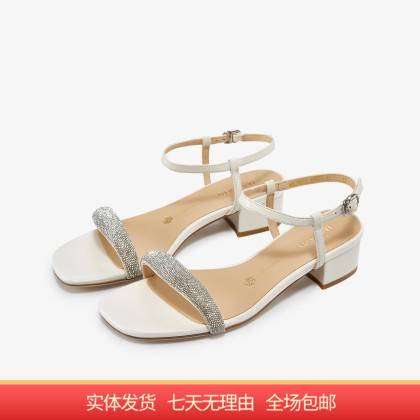 【自营】哈森 夏季新款羊皮凉鞋女仙女风水钻一字带凉鞋粗跟 HM226051 商品图0