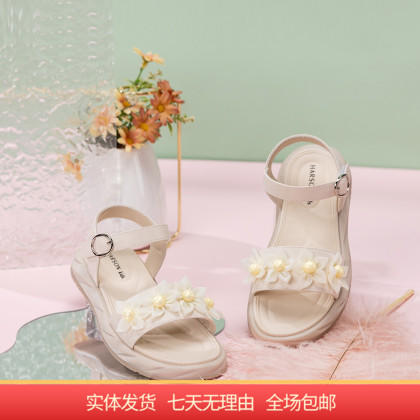 【自营】哈森 夏季珍珠纱网花朵装饰一字带公主风凉鞋 TM232402 商品图0