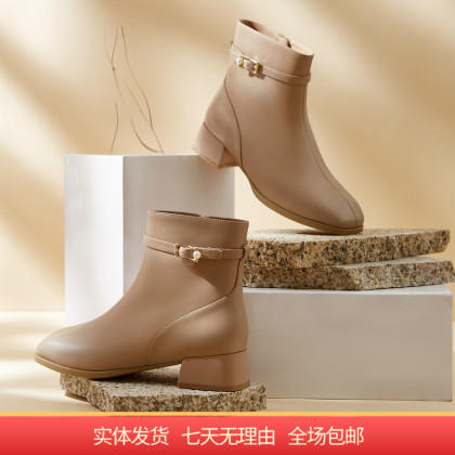 【自营】哈森 短靴羊皮革单绒里可选皮带扣中跟迷你女靴 HA221701 商品图0