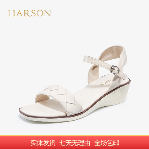 【自营】哈森 夏季新款一字带凉鞋女坡跟复古柔软编织带凉鞋 HM18902 商品图0