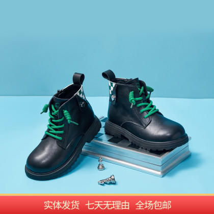 【自营】哈森 男女童棋盘格皮靴侧拉链儿童马丁靴短靴 TL220506 商品图0