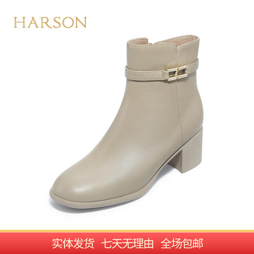 【自营】哈森 冬季新款时装靴粗跟侧拉链女靴中跟百搭时尚短靴 HA227130 商品图0