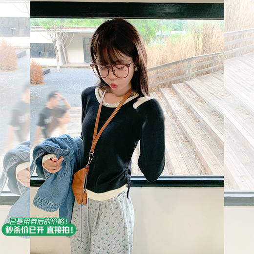 【129元任选2件】现货！撞色条纹设计感抽绳收腰针织上衣 商品图2