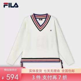 3件折上7折【自营】FILA/斐乐  斐乐女子编织衫2024春新款时尚休闲下摆流苏舒适V领毛衣 F11W411403FIV