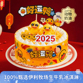 【伊利牧场冰淇淋蛋糕】2025好运鸭-多种伊利牧场冰淇淋夹心可选，小萌鸭在铺满芒果颗粒的波波池里使劲给你加油！（昆明+安宁幸福西饼蛋糕）