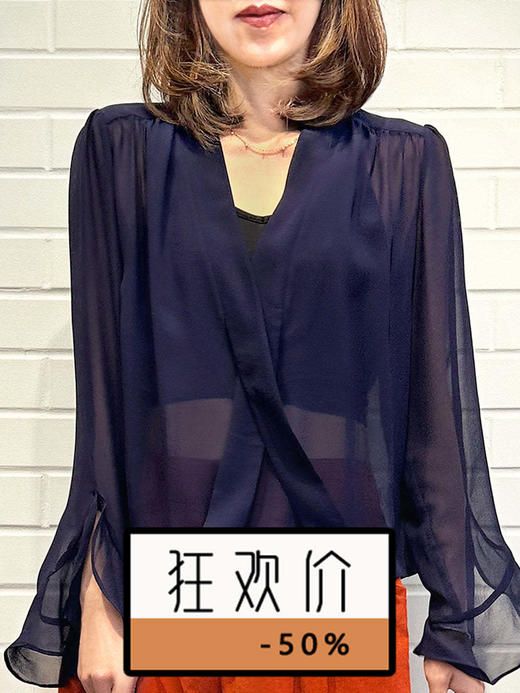 TYNVIE 叠带真丝衬衫-藏青色 商品图0