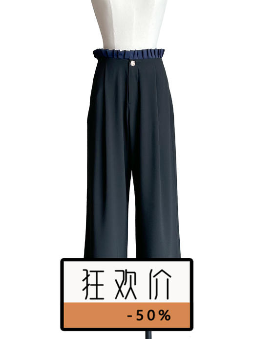 TYNVIE 撞色褶皱腰直筒休闲裤-黑色 商品图0