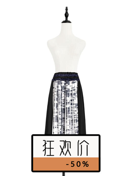 TYNVIE 百褶拼接高腰半身裙 - 蓝色印花 商品图0