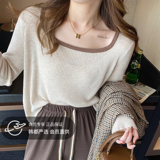 【温柔女神，软糯洋毛针织衫~】针织衫女春秋上衣 复古方领长袖 打底衫内搭 白色宽松毛衣-QQ 商品图0