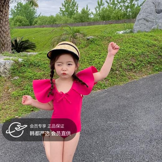 【赠泳帽】儿童连体泳衣女童飞肩袖蝴蝶结粉红色泳装90-140码 商品图0
