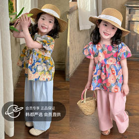 【39.9元/套起】女童纯棉套装泡泡袖A字版上衣+山本裤套装纯棉短袖短裤套装蕾丝花边套装夏季洋气套装