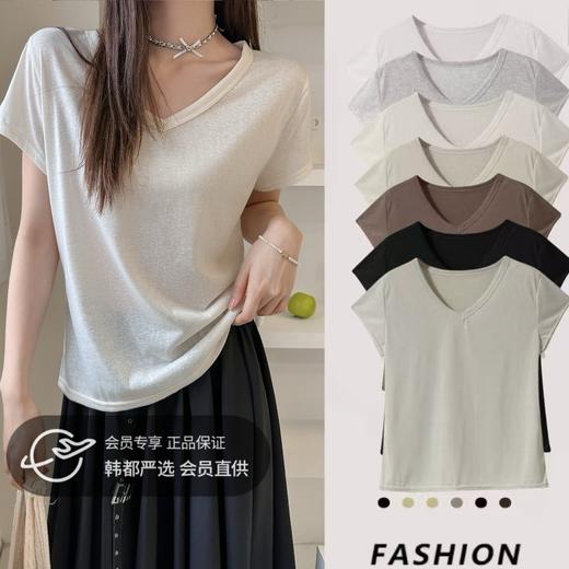 【69/任选2件 v领雪花麻短袖t恤 条纹撞色v领】2025春夏新款宽松显瘦百搭慵懒风上衣T恤 商品图0