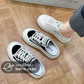 【舒爽透气！半拖帆布鞋】透气网面包头半拖帆布鞋女夏季板鞋子新款女拖鞋配裙子小白鞋。ry