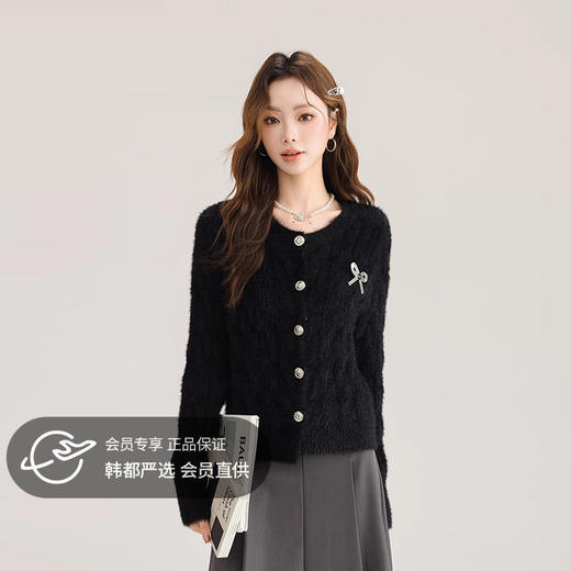 法式小香风海马毛衣开衫 | 软糯亲肤 百搭时髦 蝴蝶结黑色短款针织衫 商品图0