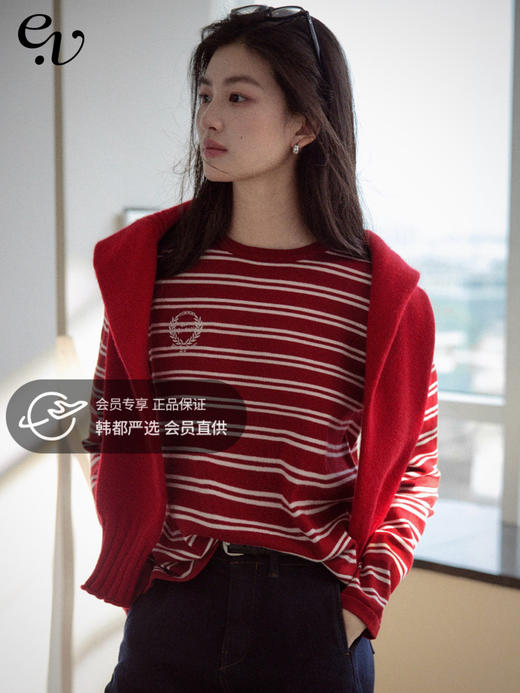【现货】Even Vintage|时髦热红酒 文艺复古细条纹针织衫立体绣花时髦上衣 商品图0