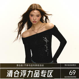 Ariseism 美式复古一字肩烫钻长袖t恤女春秋新款修身打底上衣