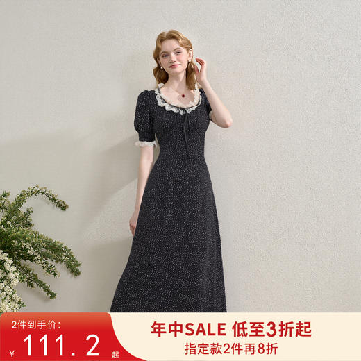 【限时秒杀】西遇法式泡泡袖连衣裙女夏季新款蕾丝花边修身收腰网纱长裙SS050571 商品图1