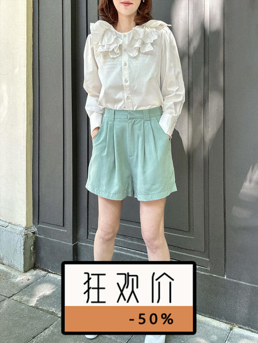 TYNVIE 淡绿色褶皱细节透气丝质短裤 商品图0