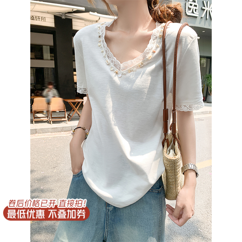 <曾小咸推荐>3.25现货秒杀！重工蕾丝拼接钉珠V领T恤 日常119.99/件 立减50 秒杀69.99/件！！