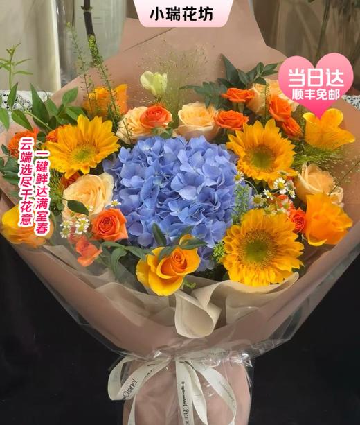 【当日达】顺丰免邮◆绣球 香槟 向日葵 洋甘菊 喷泉草 九星叶 橙多头 绿灵草 大号手捧花 新生活新开始 商品图0