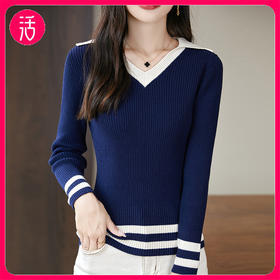 【基础百搭 修饰线条】SIIJJEYY枝辑 女士抽条V领长袖纯棉针织衫XK041（2色可选）