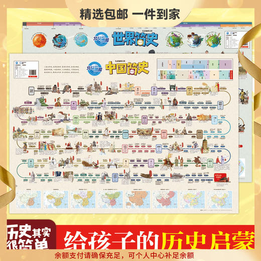 【精选包邮】北斗 儿童地理百科地图-中国、世界简史86*60cm 商品图0
