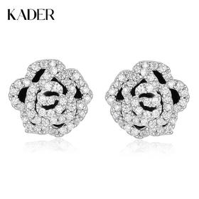 卡蒂罗KADER 绮愿玫瑰耳钉 法式小香风复古黑色满镶闪锆山茶花轻奢气质高级感ins风耳饰 灵动光芒闪耀吸睛