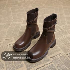 【百丽同款马丁靴 限时99抢！】25年新款秋冬马丁靴 圆头复古袜靴棕色黑色 厚底粗跟瘦瘦靴