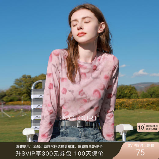 三彩独醒2026春季新款网纱印花T恤圆领正肩长袖上衣内搭修身甜酷F 商品图0