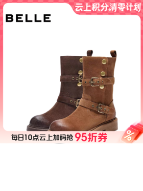 BF百丽复古厚底棕色西部堆堆靴女2025冬季新款牛仔短靴子E7Z1DDZ5