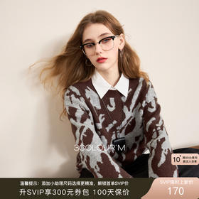 三彩2026春季新款抽象豹纹提花毛衫圆领宽松落肩袖针织衫小众M