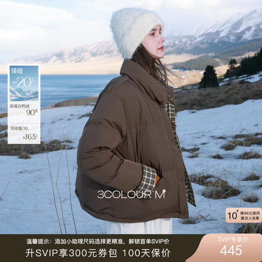 三彩2025冬季新款格纹拼接立领羽绒服90白鸭绒面包服短款M 商品图0