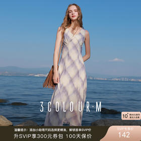 三彩2025秋季新款法式浪漫格纹连衣裙高腰无袖A字大摆长裙复古M