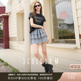 三彩2025夏季新款格纹蛋糕裙松紧腰半身裙木耳边短裙甜美M