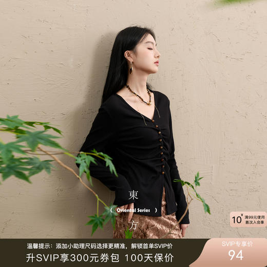 三彩【墨染星辰】2025冬季新款罗纹T恤磨毛V领长袖上衣修身内搭C 商品图0